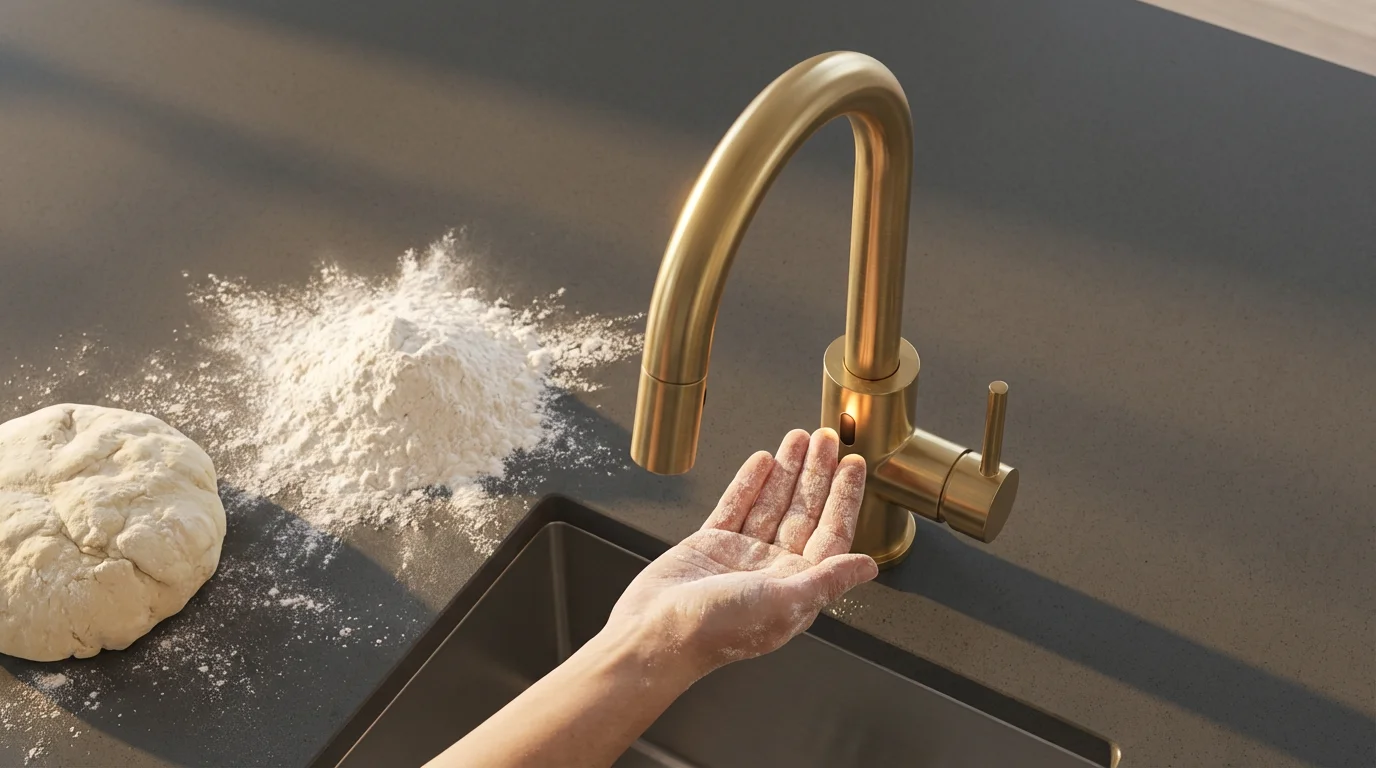 A high-angle flat lay of a floured hand activating a touchless brass kitchen faucet.