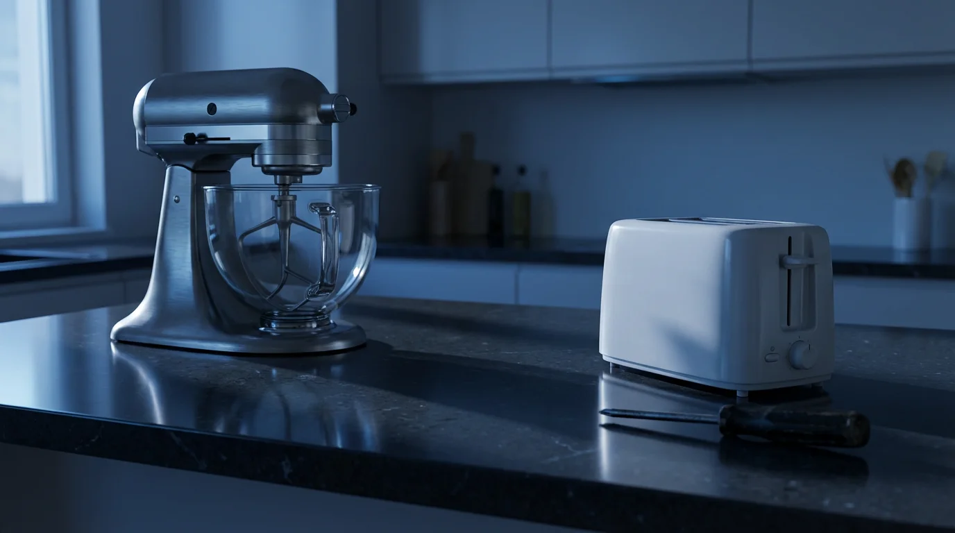 A high-end stand mixer and a cheap toaster sit on a kitchen counter.