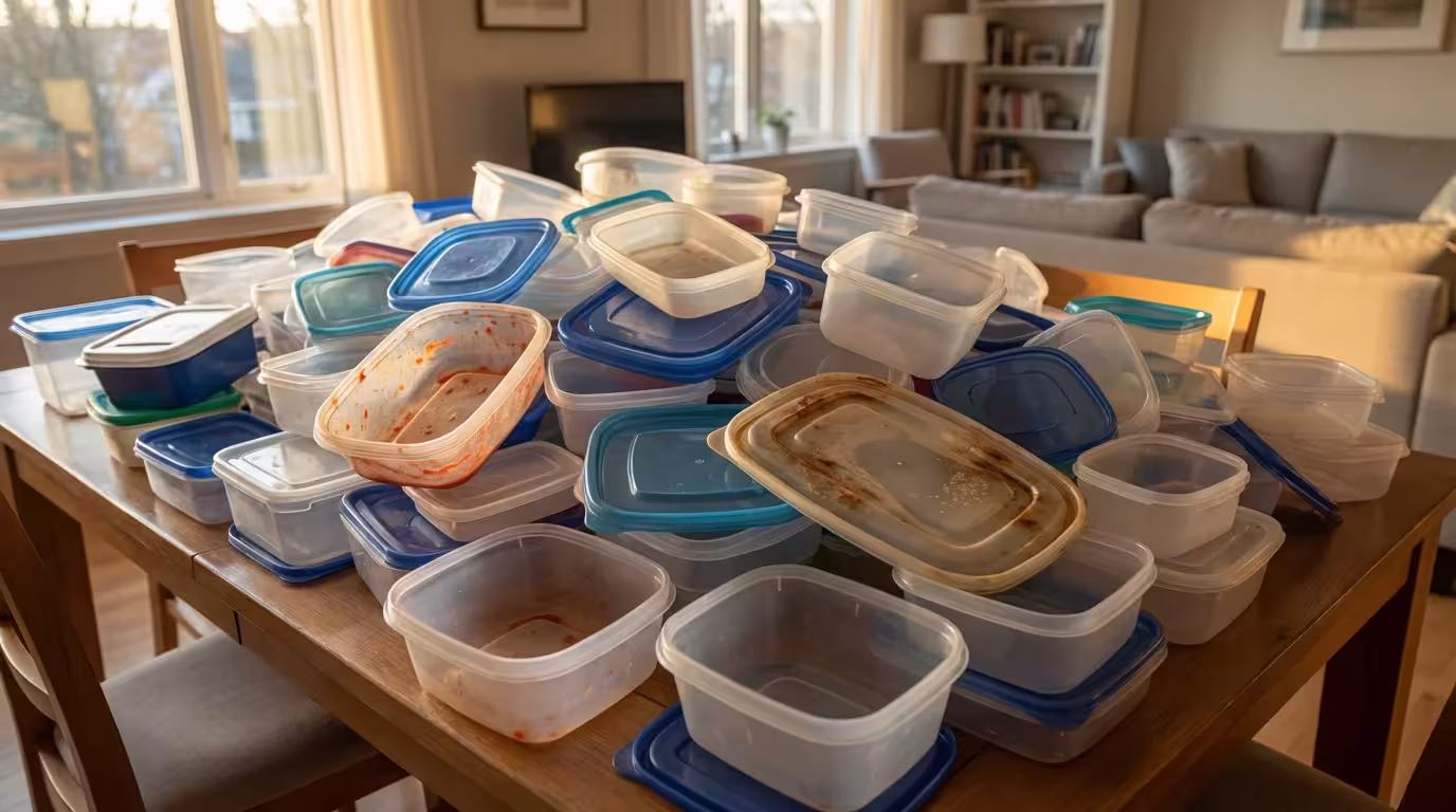 A huge, messy pile of plastic food storage containers and lids on a table.