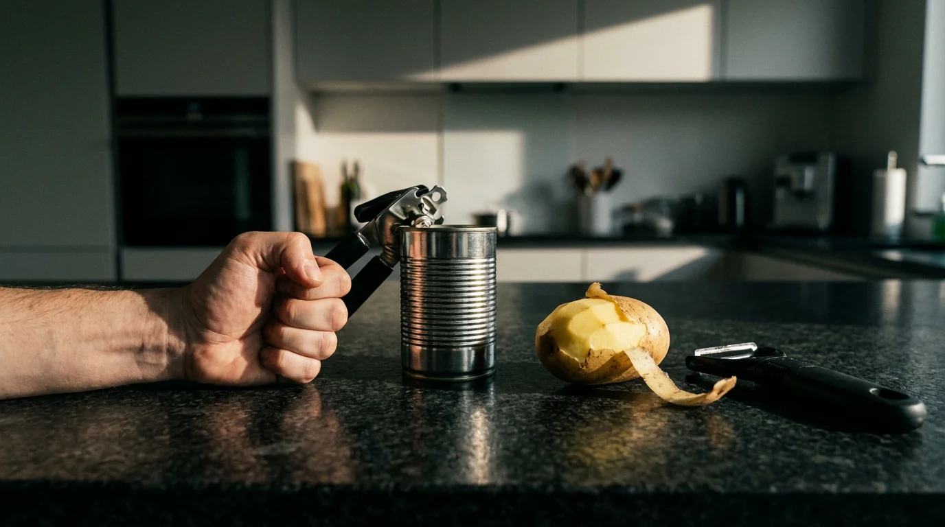 A kitchen counter with a can opener and vegetable peeler showing lefty frustration.