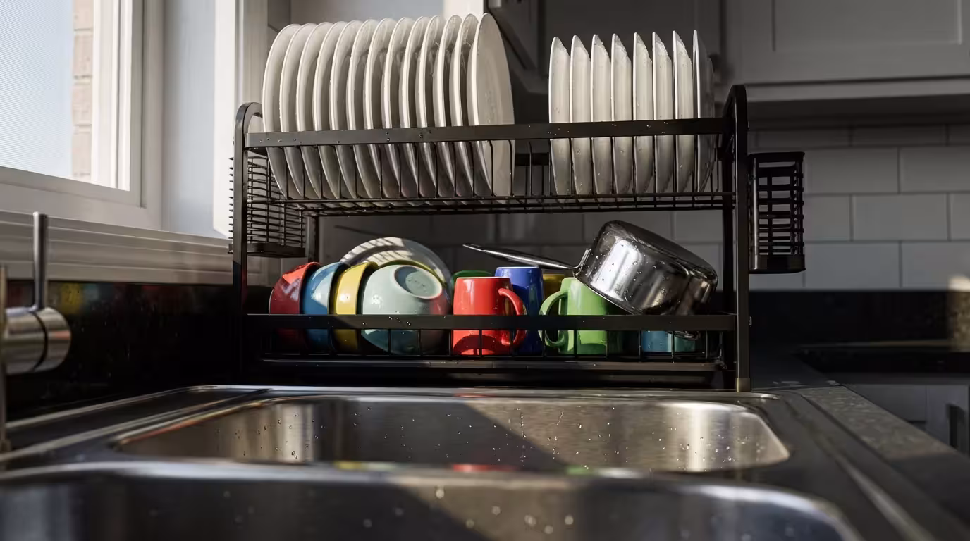 A large two-tier over-the-sink dish rack full of plates and bowls in a kitchen.