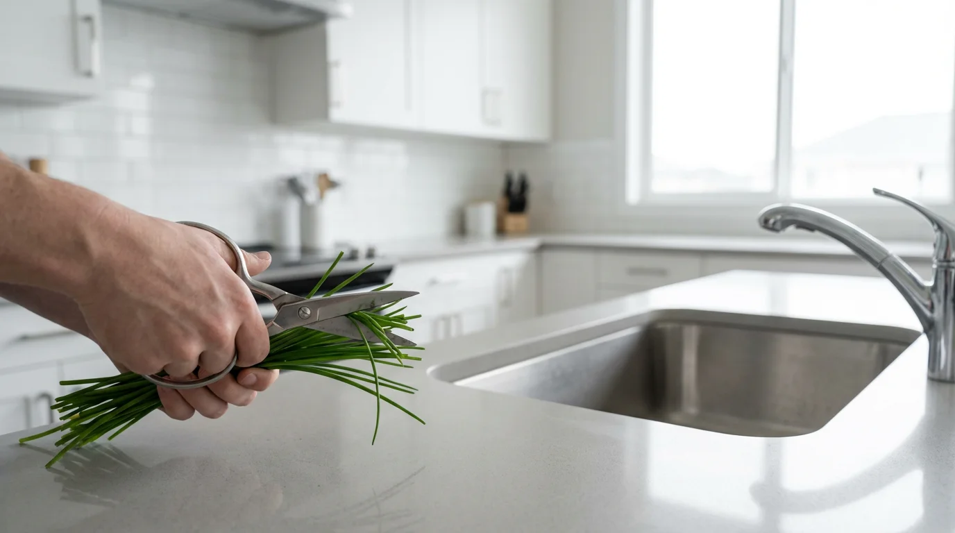 A left hand unsuccessfully trying to cut fresh chives with right-handed scissors in a kitchen.