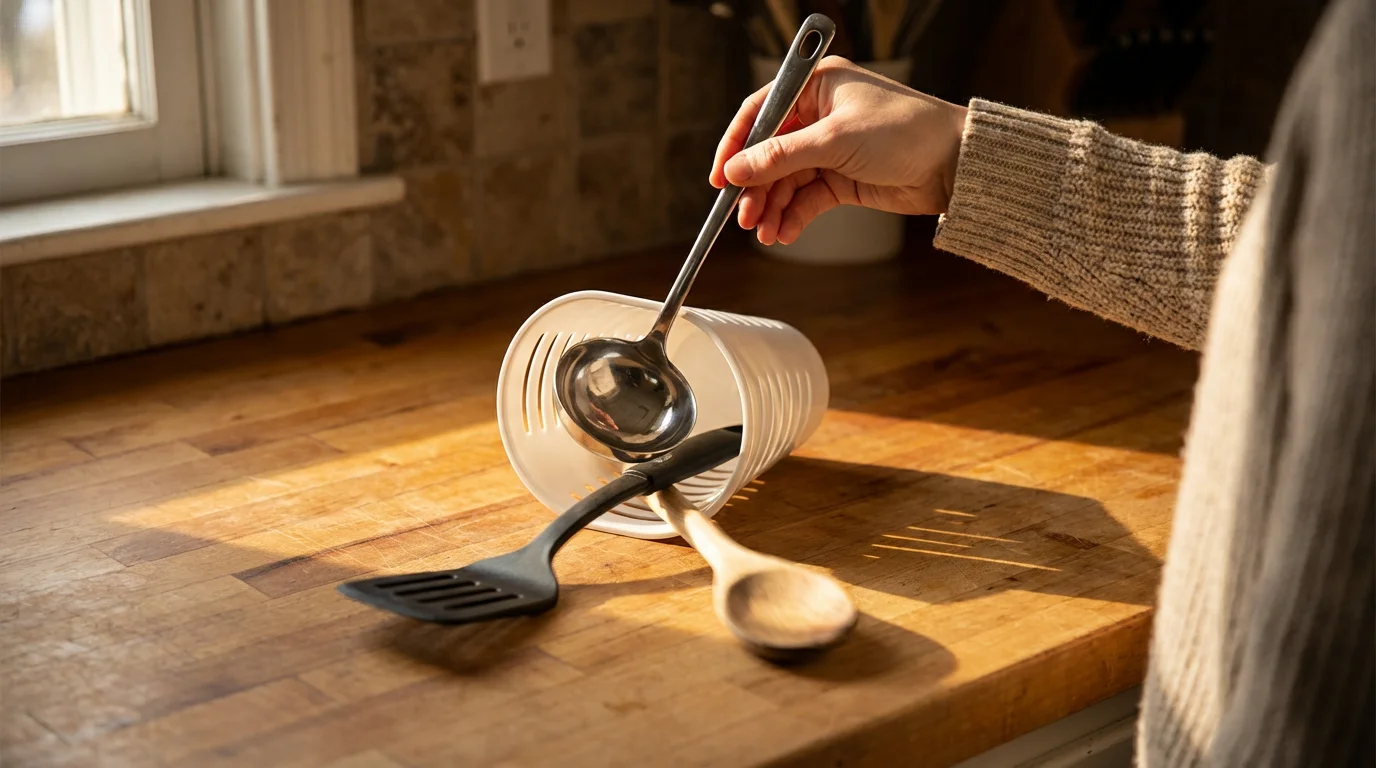 A lightweight plastic utensil holder tipping over on a kitchen counter as a ladle is added.