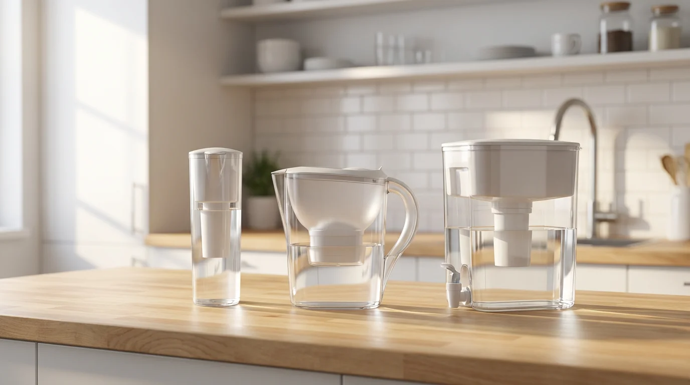 A lineup of three different water filter pitchers on a modern kitchen counter.
