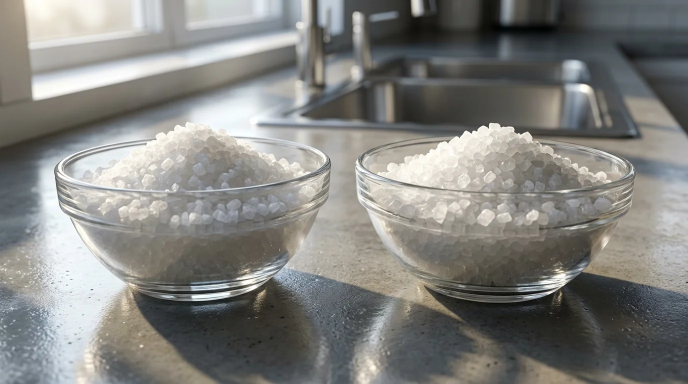 A low angle close-up of two glass bowls filled with water softener salt pellets.