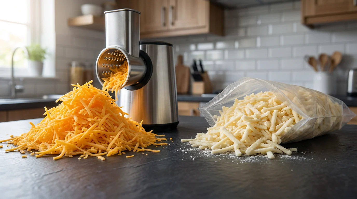 A low angle photo comparing fluffy, fresh-grated cheese with stiff, pre-packaged shredded cheese.
