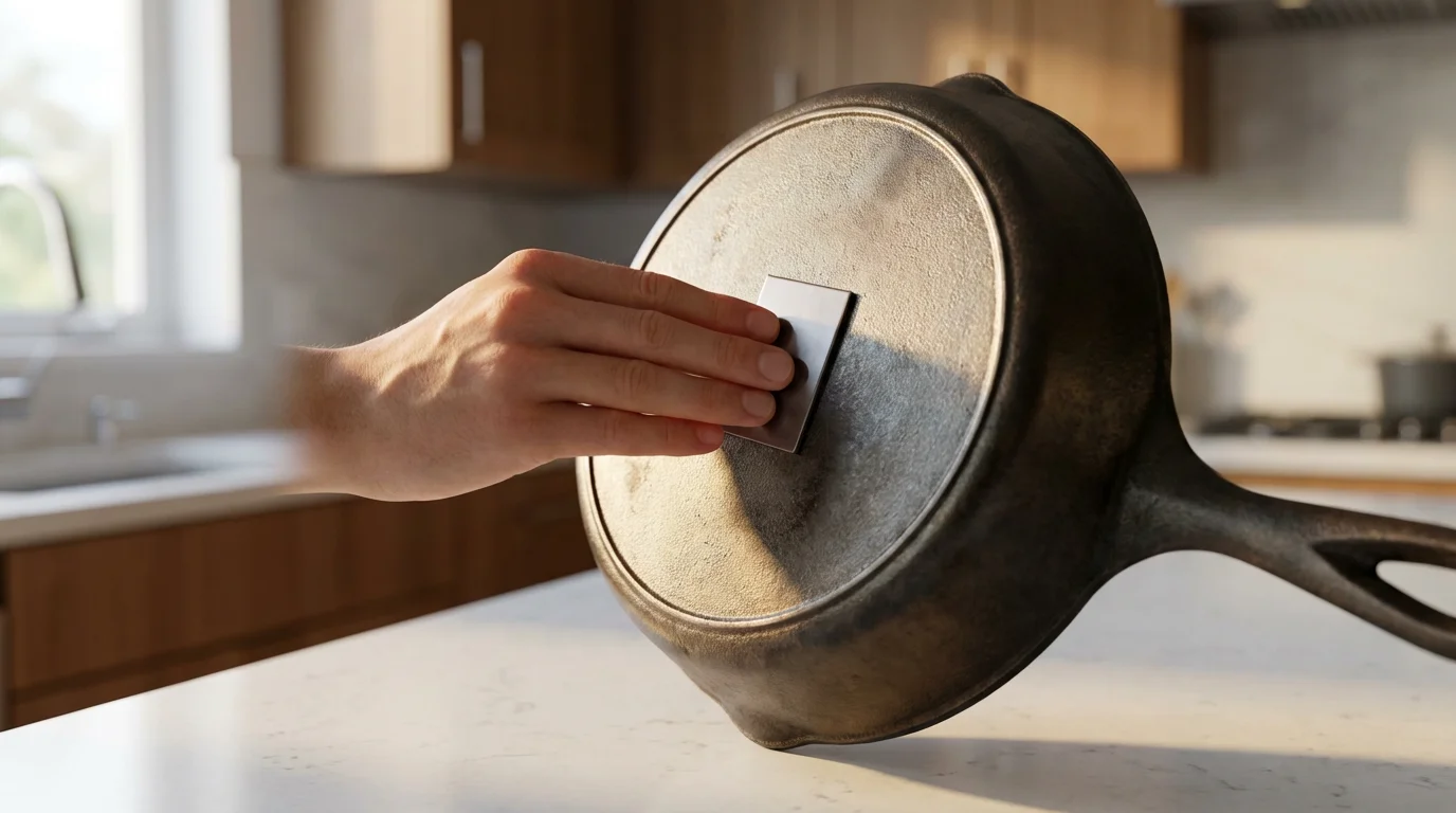 A low angle photograph of a hand holding a magnet to the bottom of a cast iron pan.