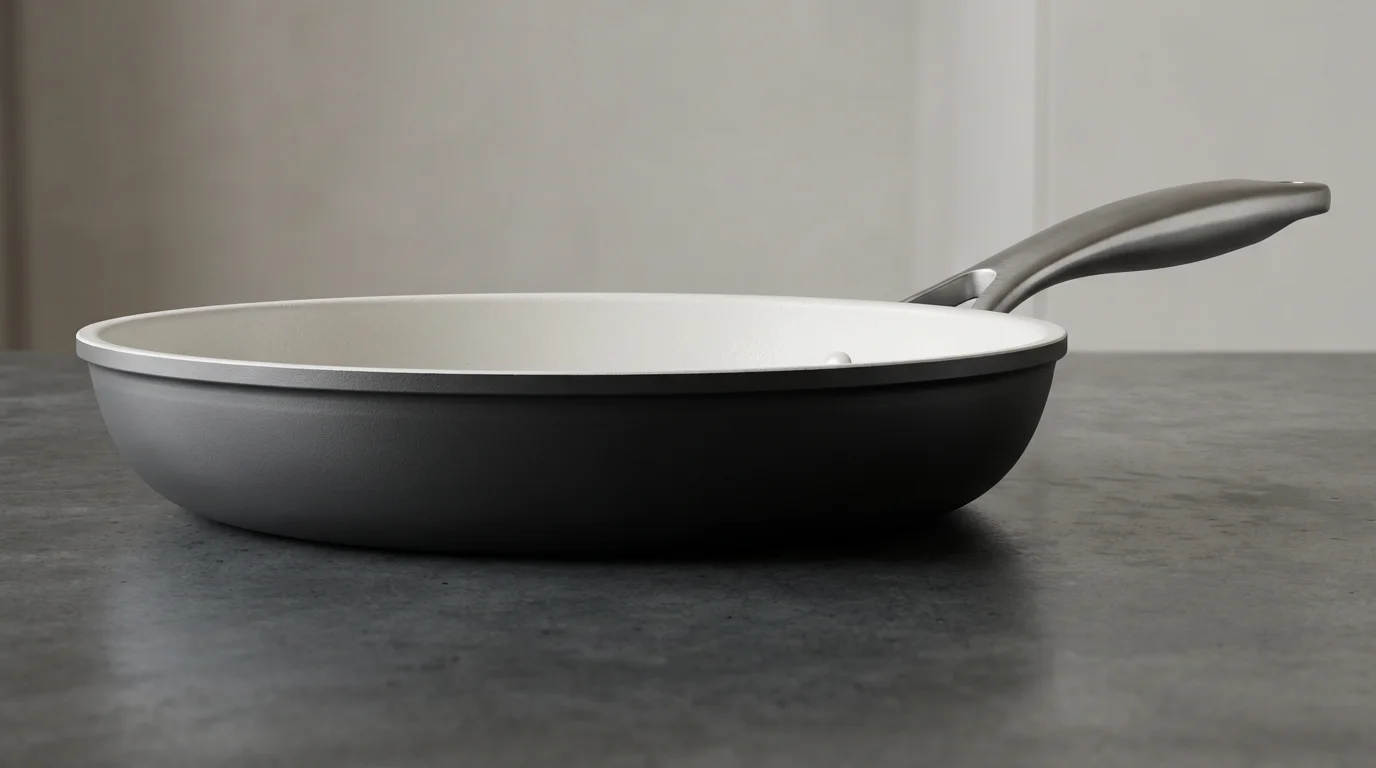 A low angle photograph of a premium ceramic pan, highlighting its thick, sturdy base.