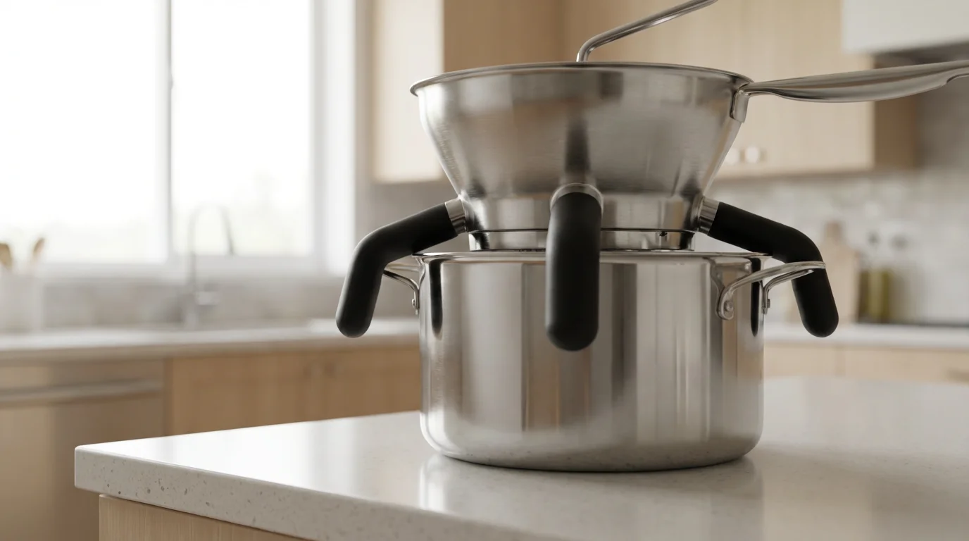 A low angle photorealistic view of an OXO food mill resting securely on a pot.