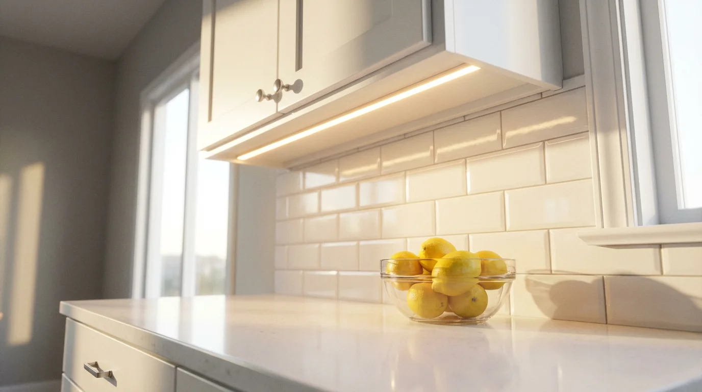 A low angle shot of a clean, hardwired under-cabinet light over a white kitchen counter.