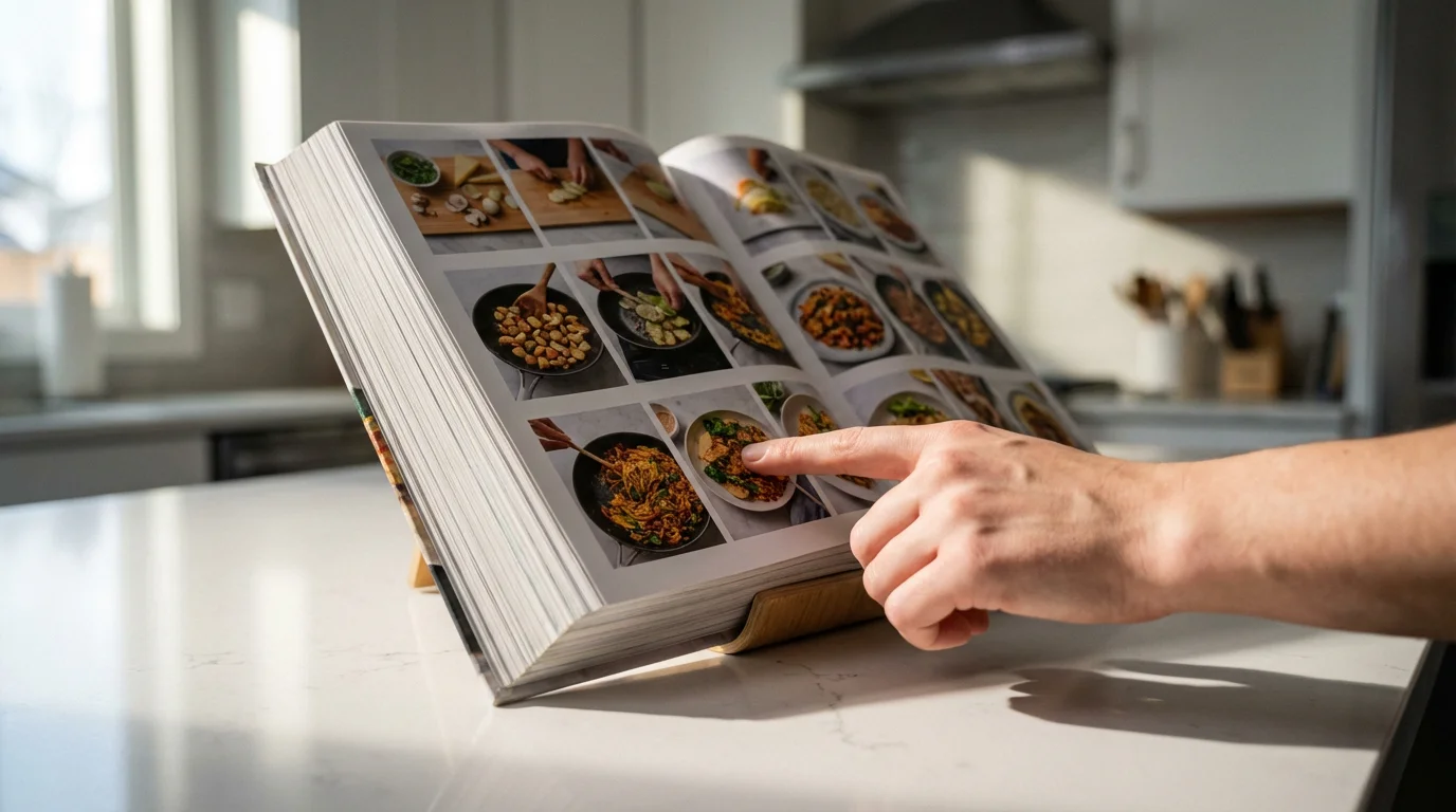 A low angle shot of a large cookbook open to photo instructions on a kitchen counter.