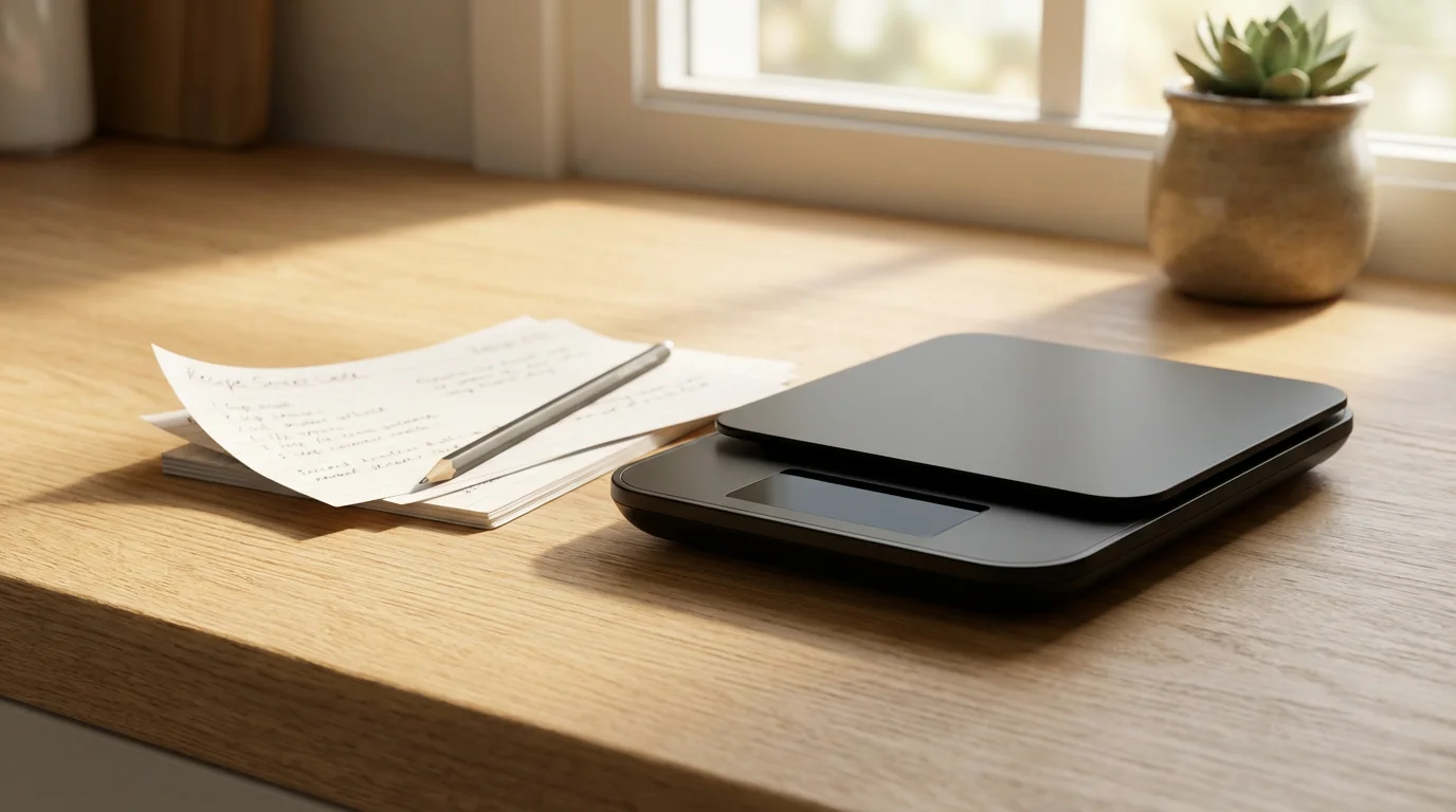 A low angle shot of a modern smart kitchen scale being used as a paperweight.
