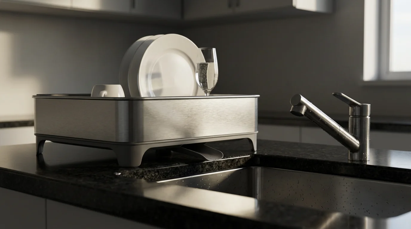 A low angle shot of a modern steel dish rack on a granite countertop.