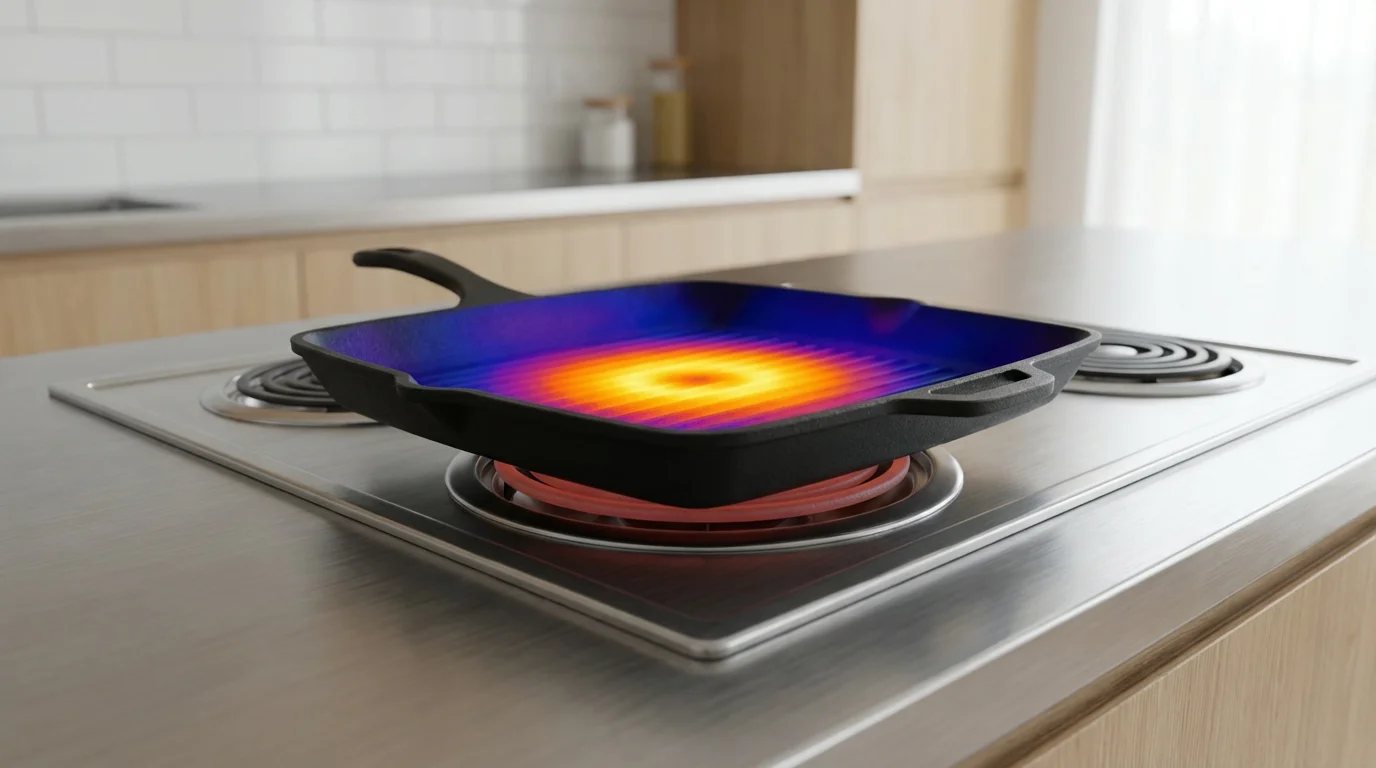 A low angle view of a cast-iron grill pan with a thermal overlay showing uneven heat.