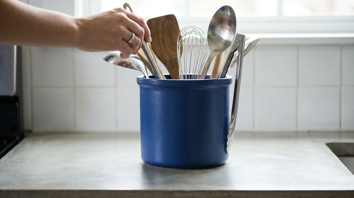 A low angle view of a sturdy blue ceramic utensil holder on a modern kitchen counter.
