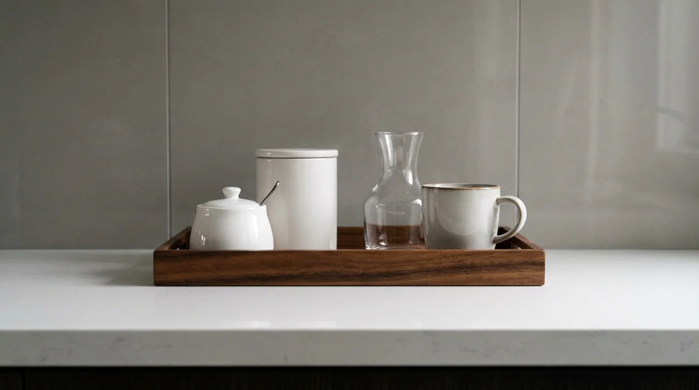 A low angle view of a tidy coffee station organized on a wooden tray.