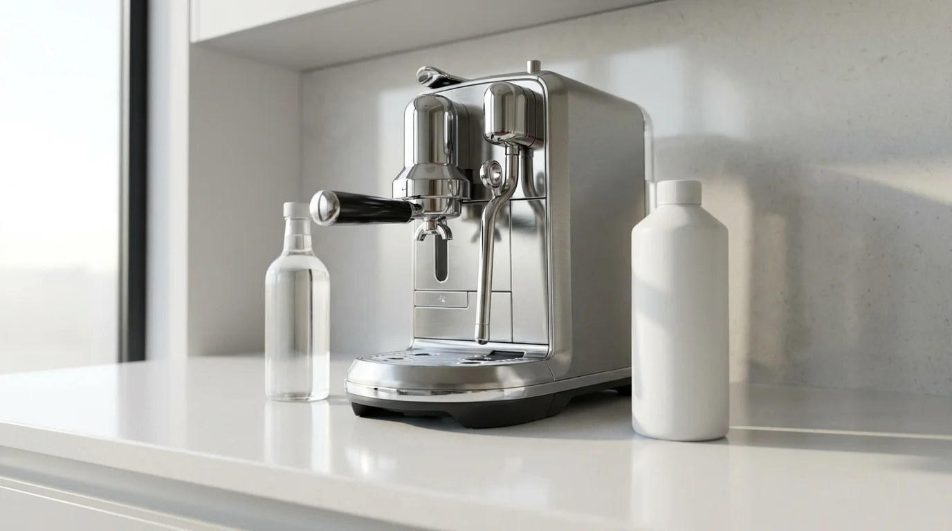 A low angle view of an espresso machine with vinegar and commercial descaler options.