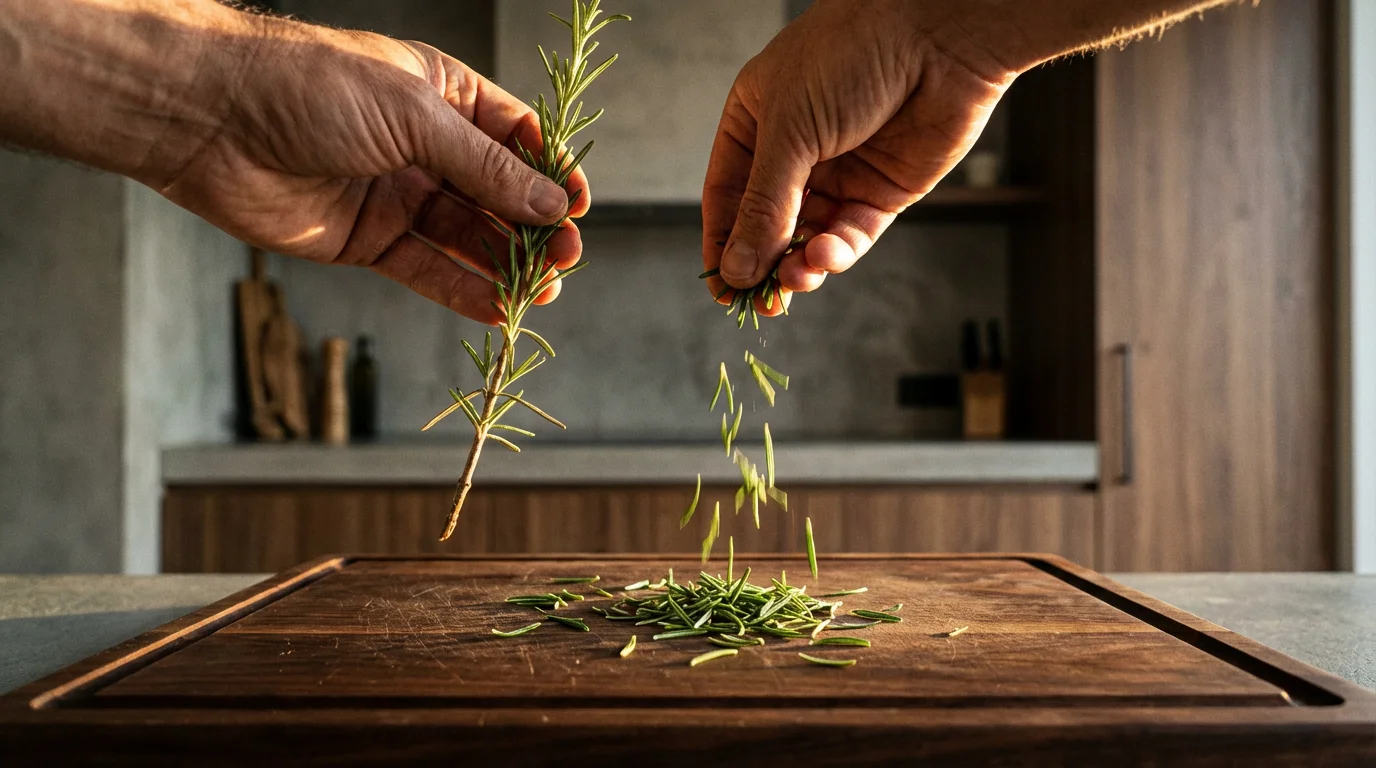A low angle view of hands stripping fresh rosemary leaves in a sunlit kitchen.