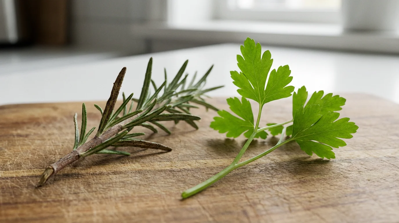 A macro photograph comparing the woody stem of a rosemary sprig to a tender parsley sprig.