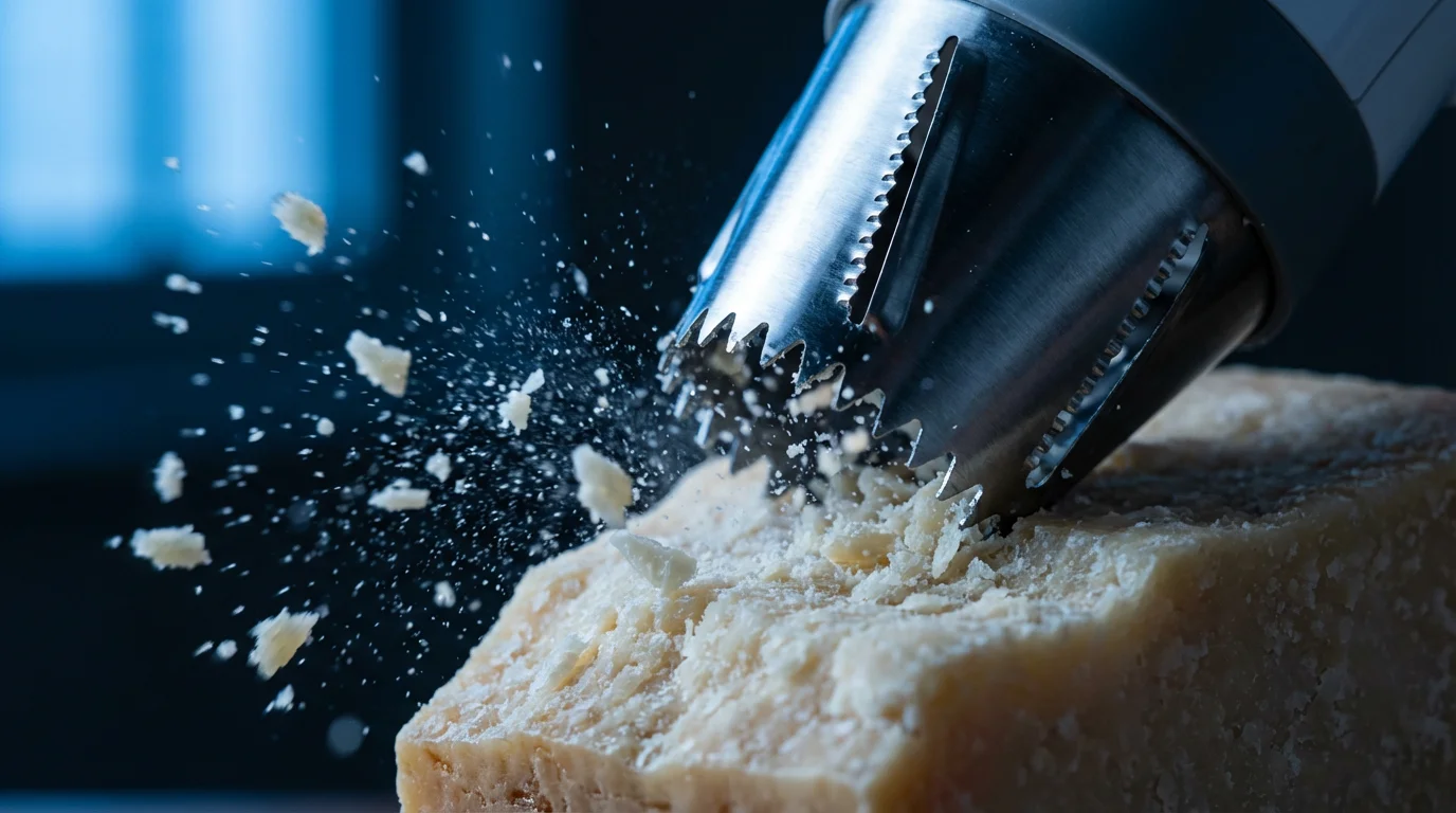 A macro photograph of a powerful electric grater blade cutting into hard Parmesan cheese.