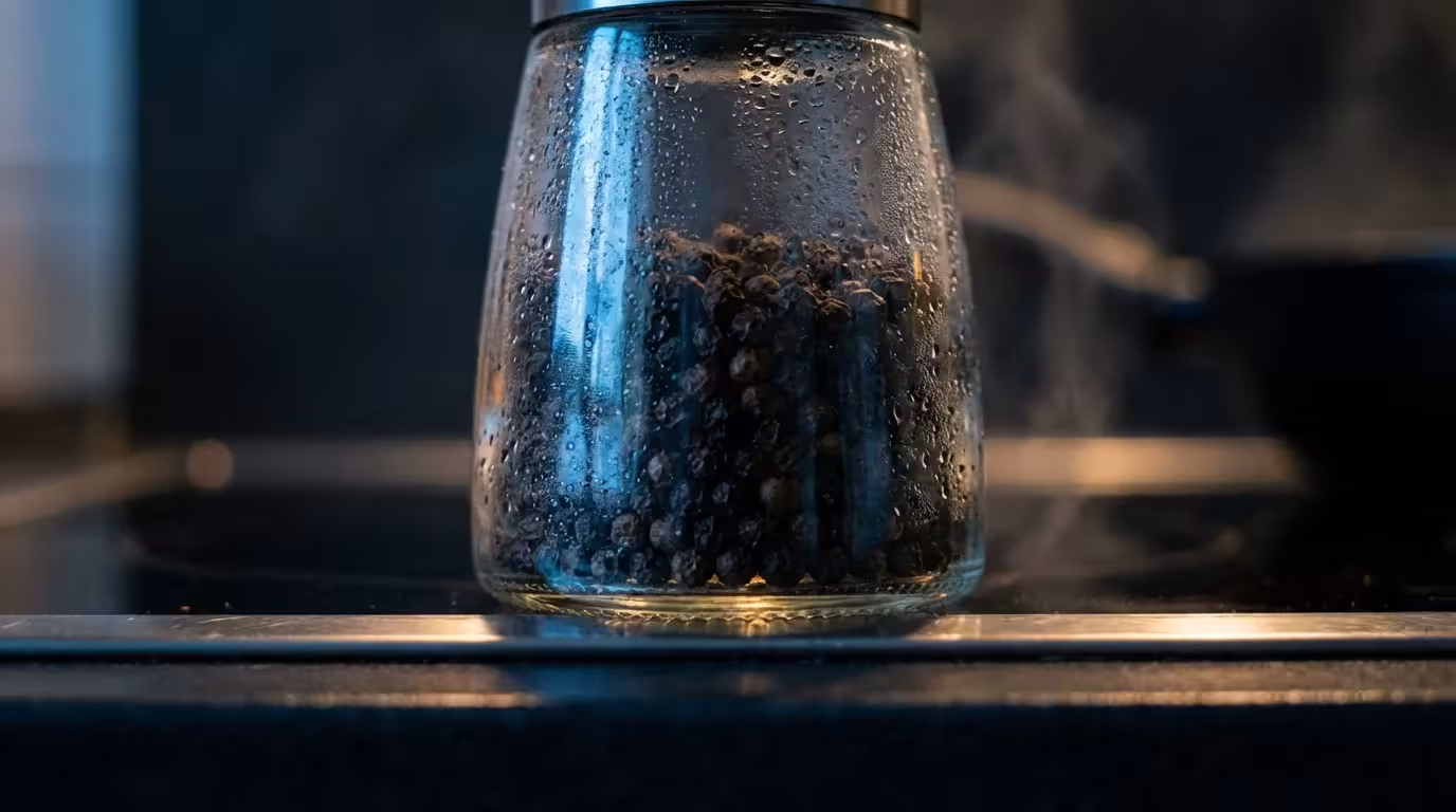 A macro photograph of a spice jar with condensation on it, stored improperly above a stove.