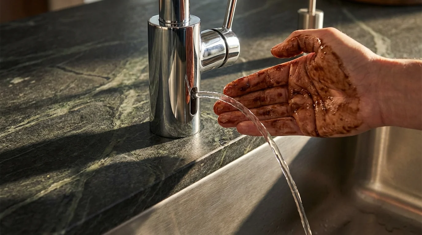 A messy hand covered in marinade activates a modern chrome touchless kitchen faucet.