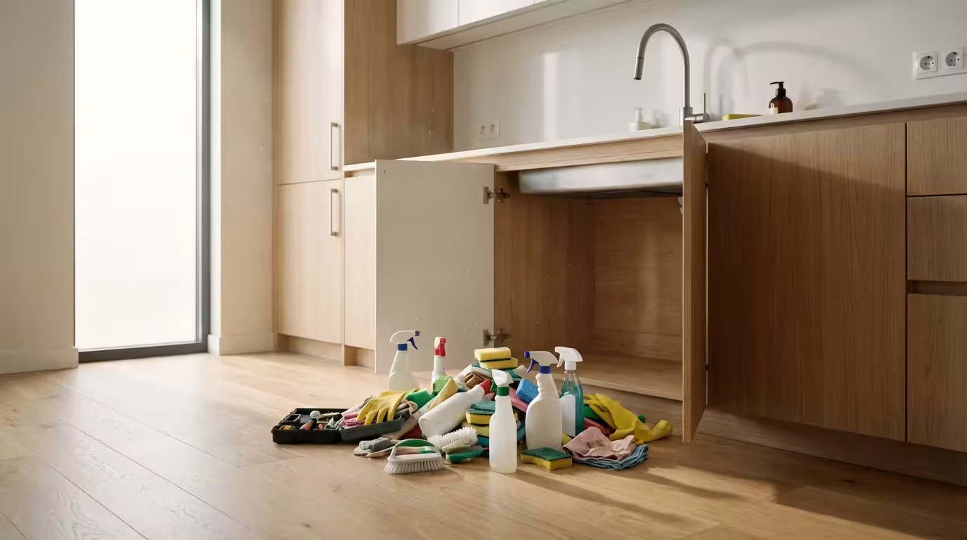 A messy pile of cleaning supplies emptied onto a kitchen floor for decluttering.