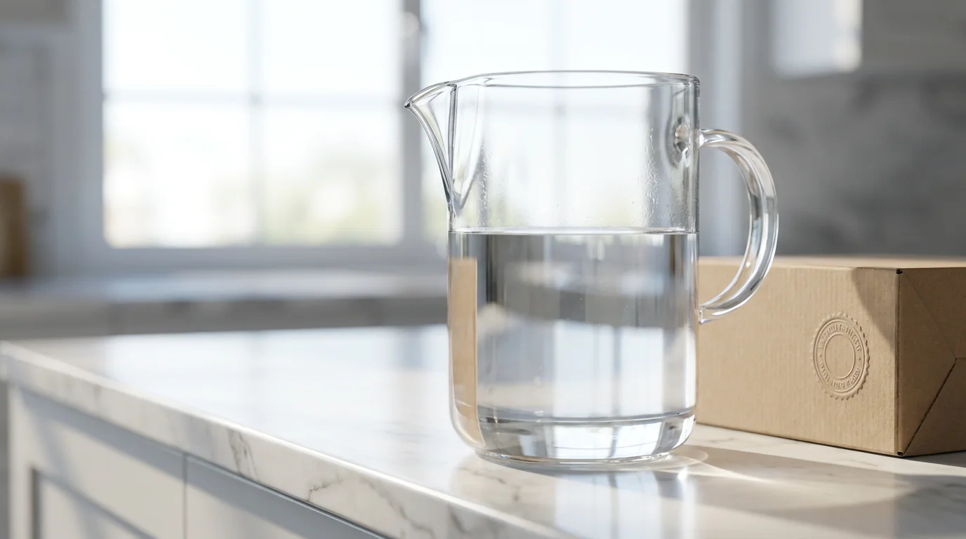 A modern glass water filter pitcher on a marble countertop with its certification seal.