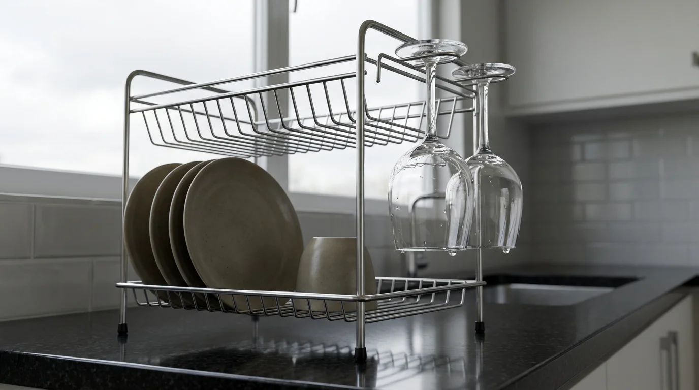 A modern two-tier stainless steel dish rack with wine glasses on a granite countertop.