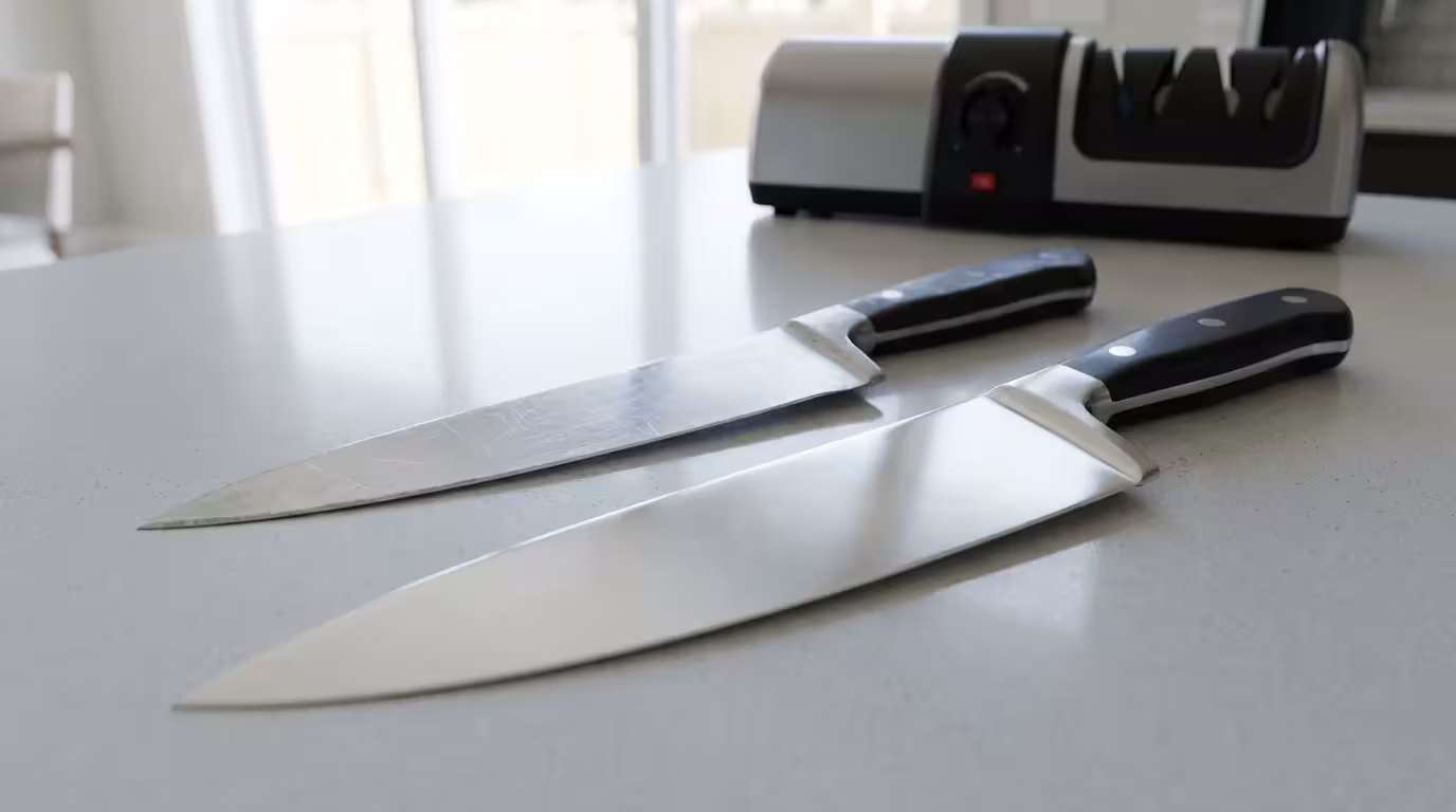 A new chef's knife compared to an identical one worn down by sharpening.