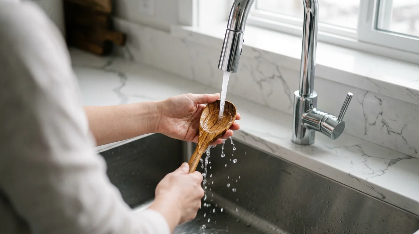 A person carefully hand-washes a wooden spoon in a modern stainless steel kitchen sink.