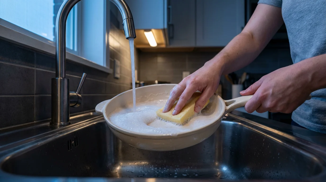 A person carefully hand-washing a light-colored ceramic pan in a kitchen sink at dusk.