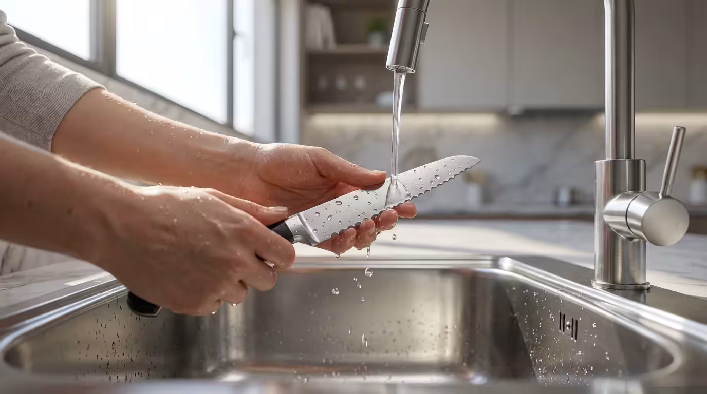 A person carefully hand-washing a serrated tomato knife in a modern kitchen sink.