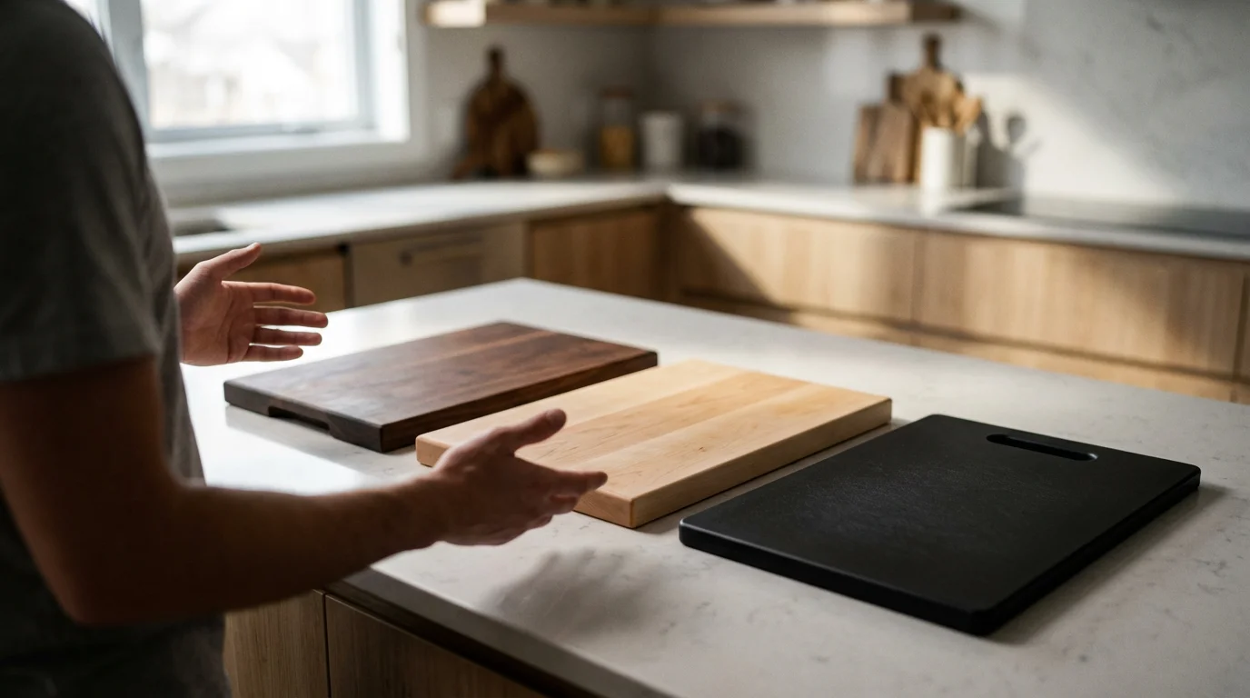 A person choosing between different cutting boards made of wood and composite materials.