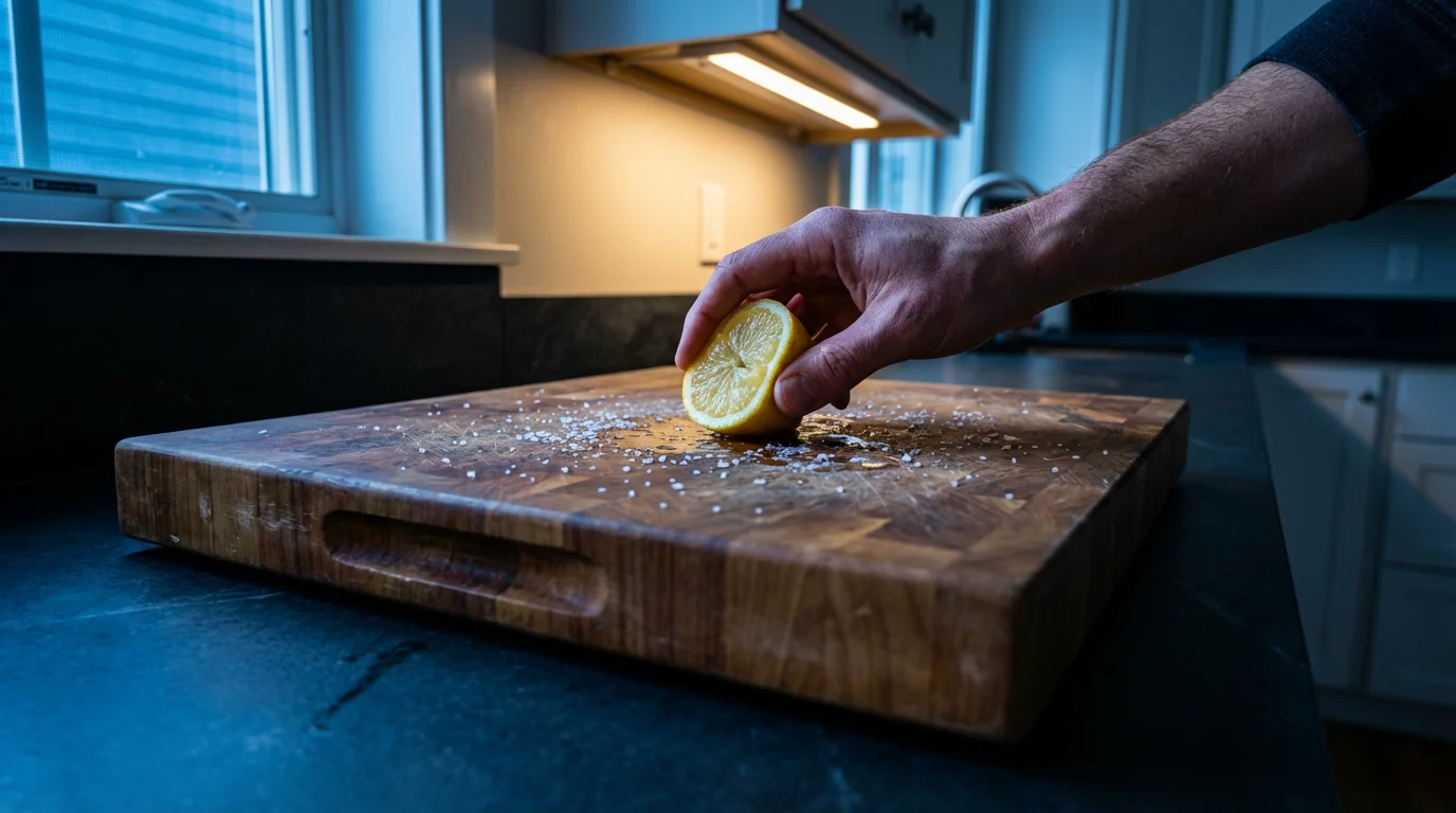 A person cleaning a wooden cutting board using a fresh lemon and coarse salt.