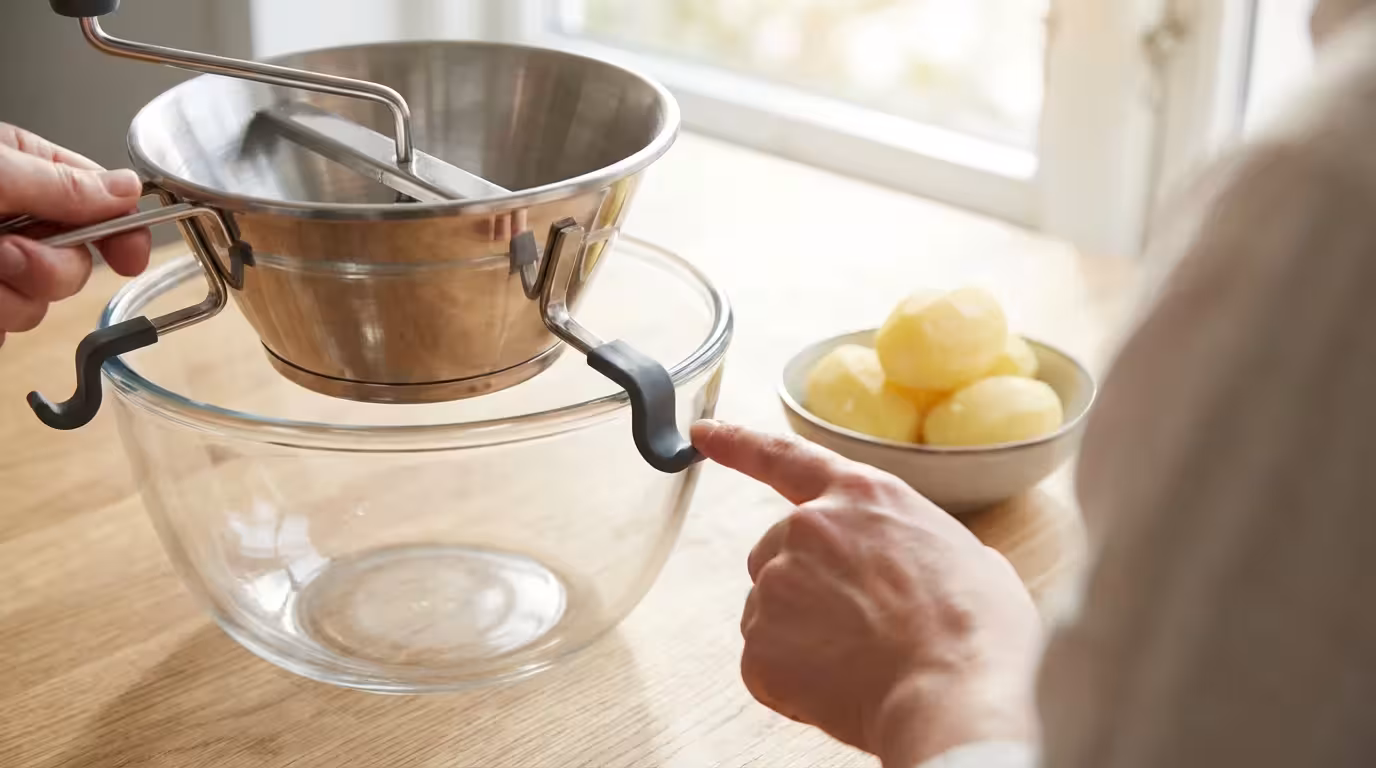 A person demonstrates the non-slip hooks of a stainless steel food mill on a glass bowl.