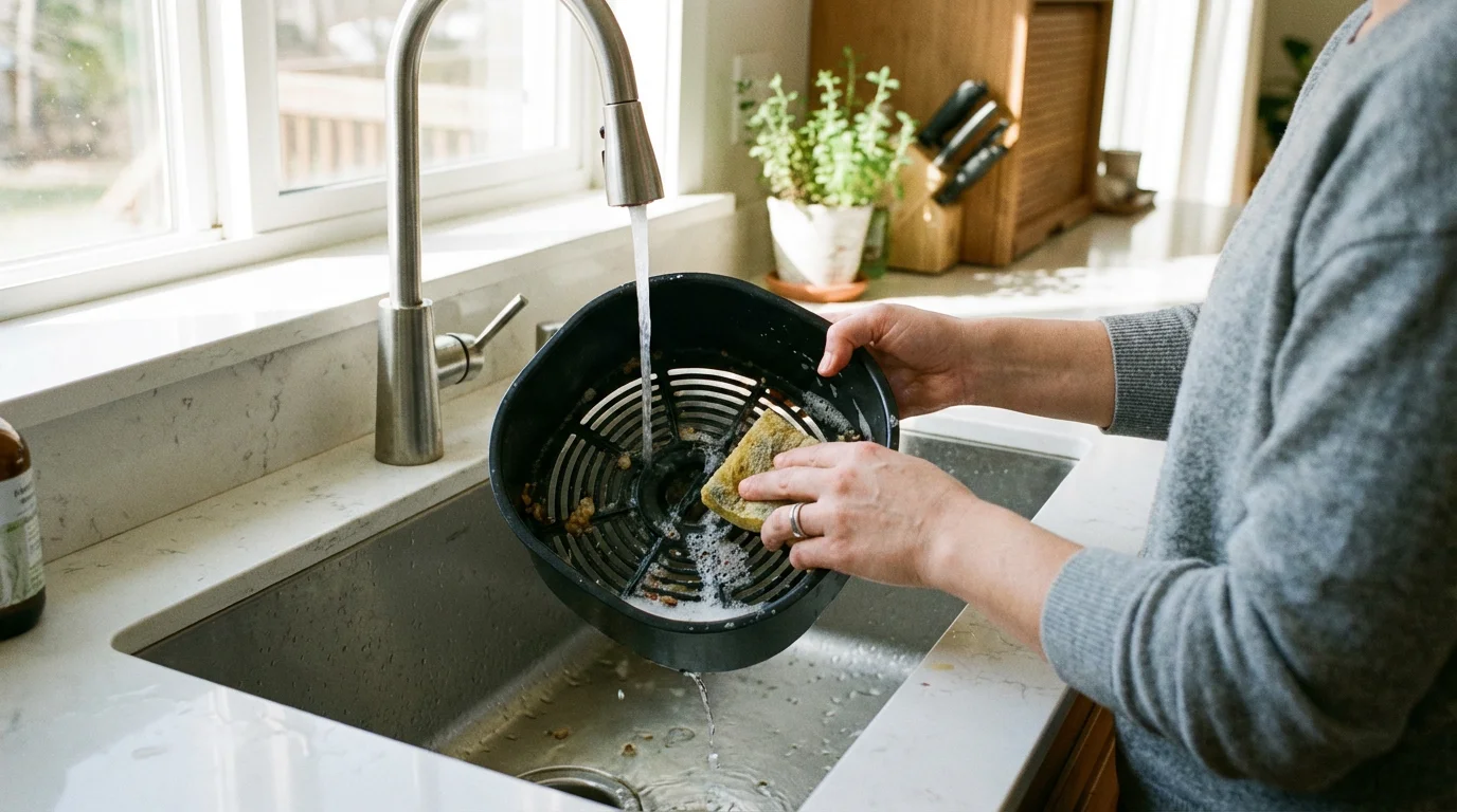 A person easily hand-washing a non-stick air fryer basket in a sunlit kitchen sink.