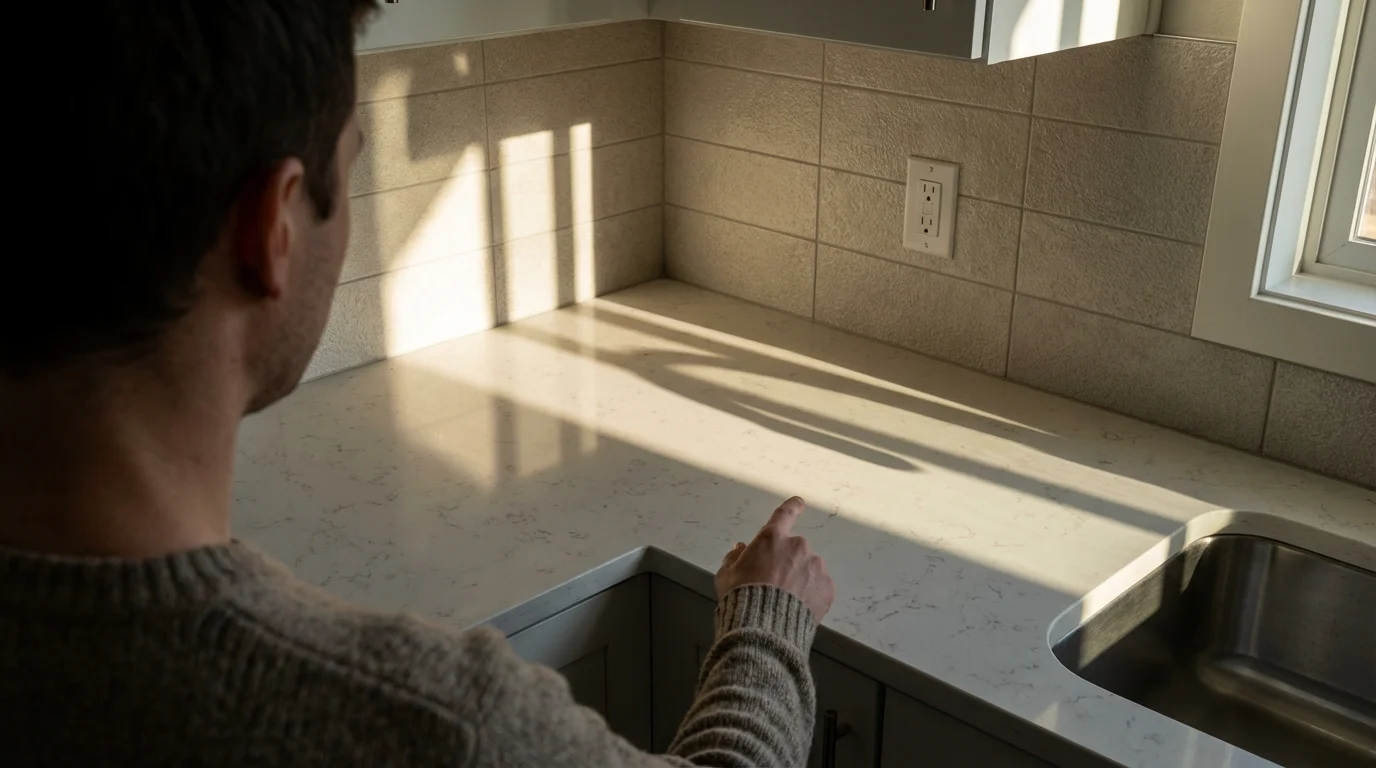 A person from behind looking at an empty kitchen counter with an electrical outlet.