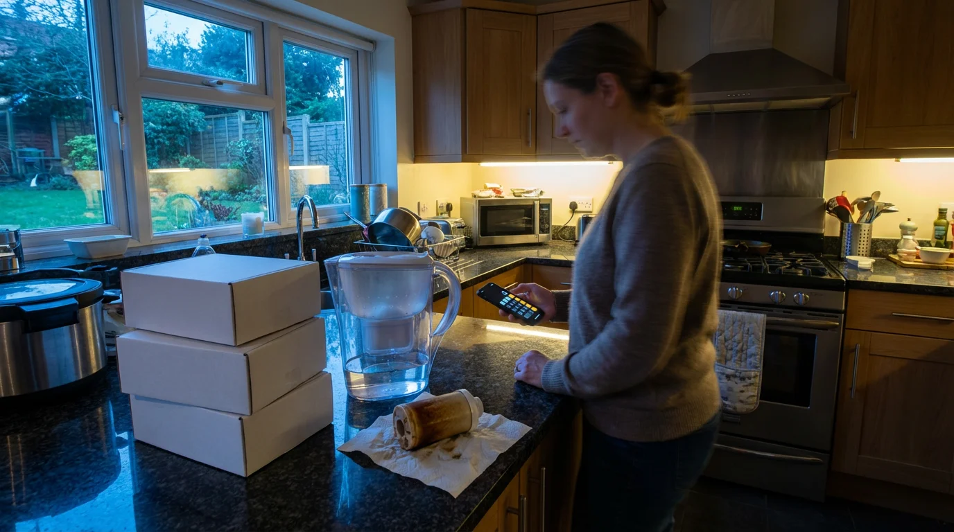 A person in a kitchen at dusk looking at a water pitcher and replacement filters.