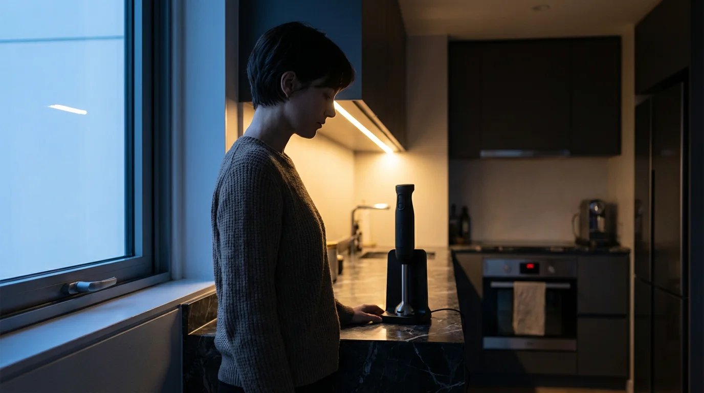 A person in a modern kitchen at dusk looking at a cordless immersion blender.