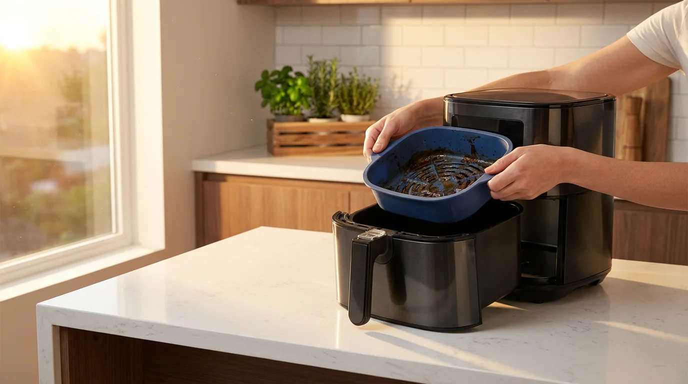 A person lifts a dirty silicone liner from a perfectly clean air fryer basket.