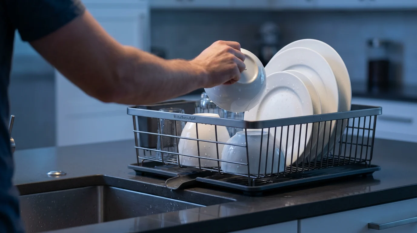 A person loading a full KitchenAid dish rack on a modern kitchen counter at dusk.