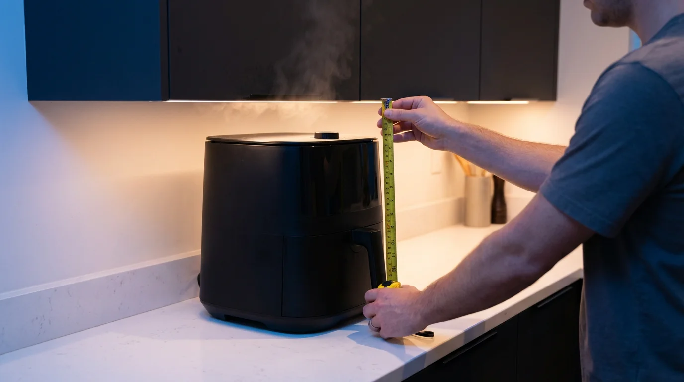 A person measures the space above a tall air fryer under kitchen cabinets.