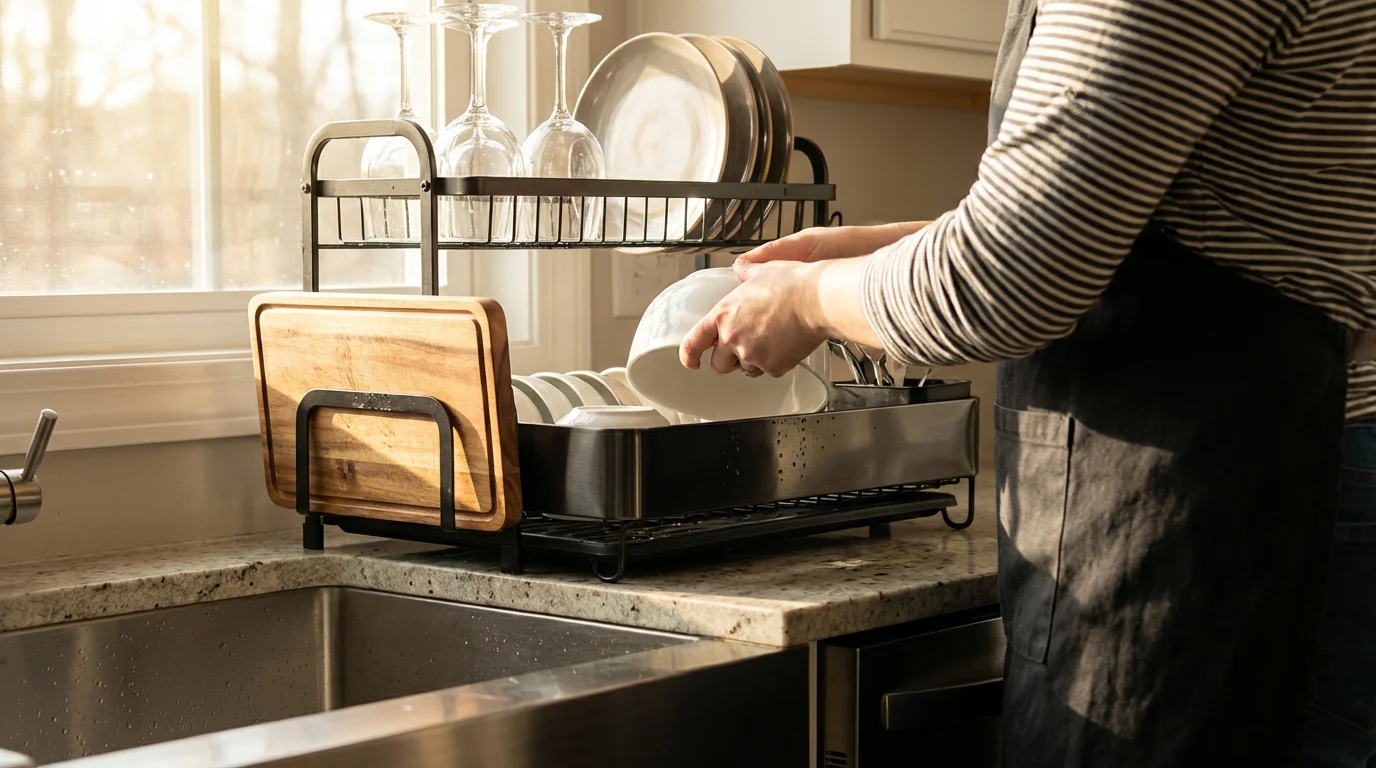 A person organizes dishes on a large, adjustable over-the-sink drying rack in a modern kitchen.