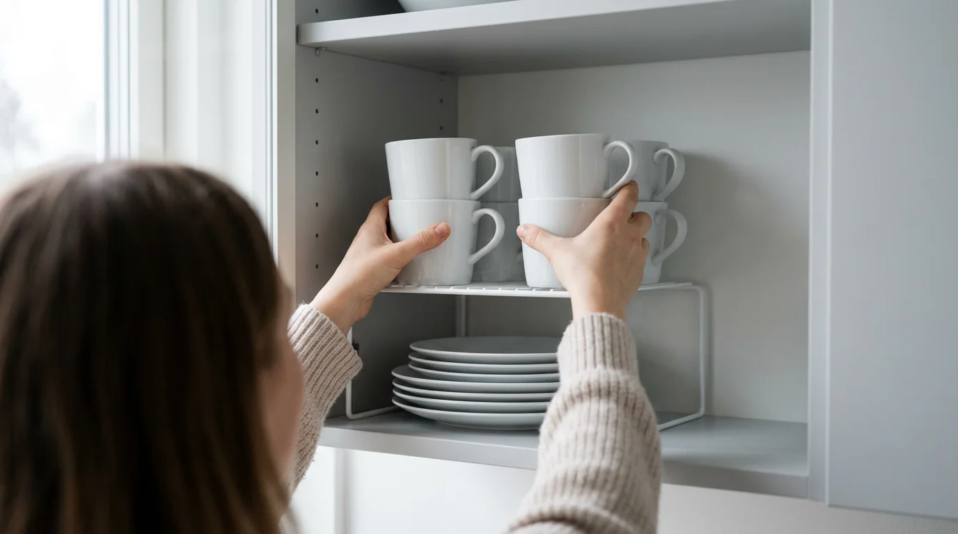 A person organizing a kitchen cabinet using a white shelf riser to stack mugs over plates.