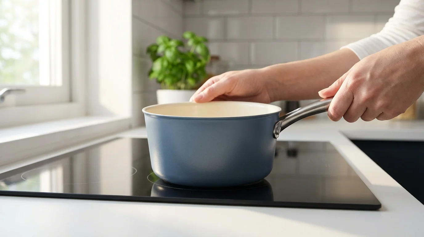 A person places a blue ceramic saucepan onto a sleek black induction stove.