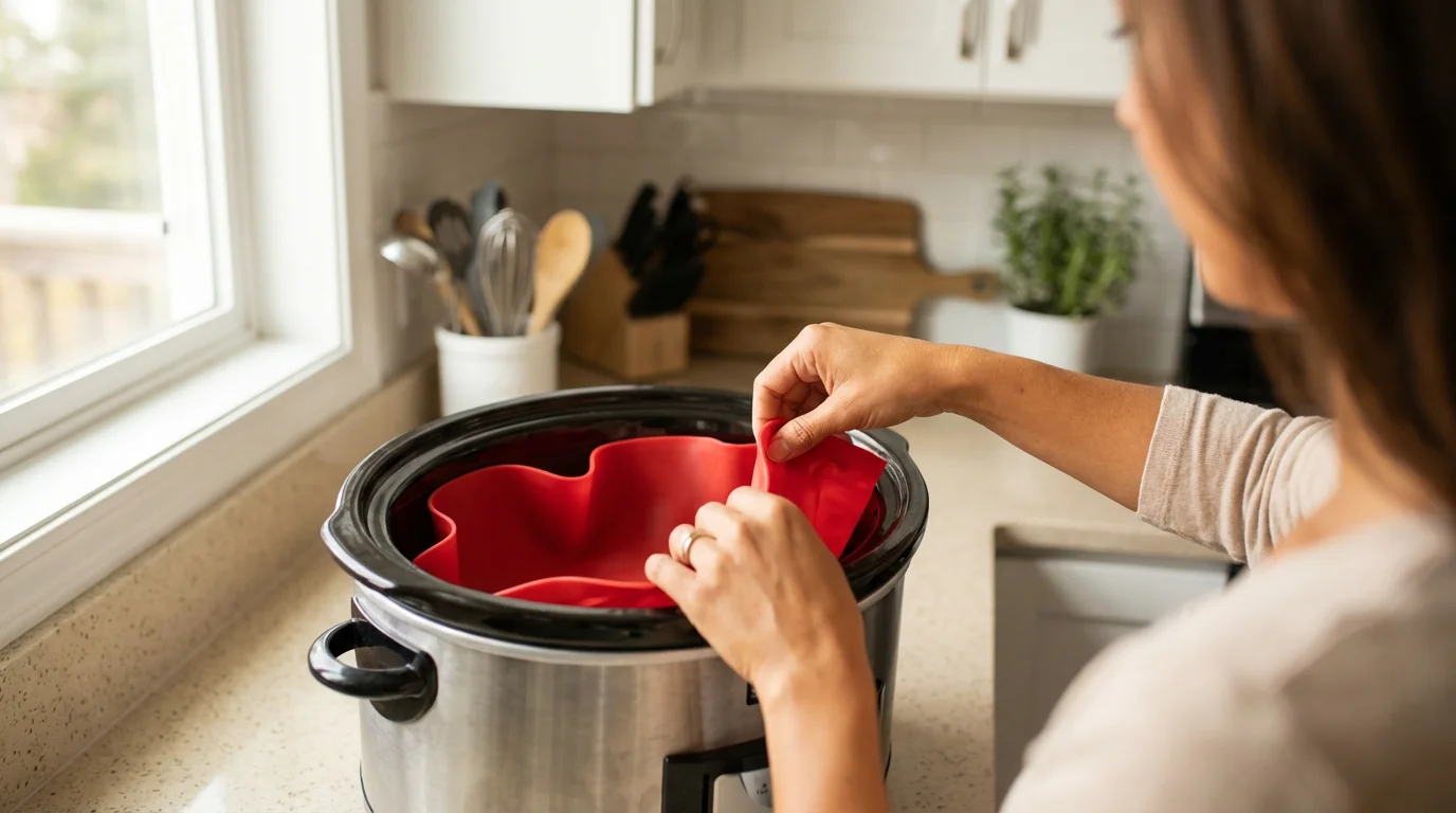 A person placing a reusable red silicone insert into a slow cooker crock.