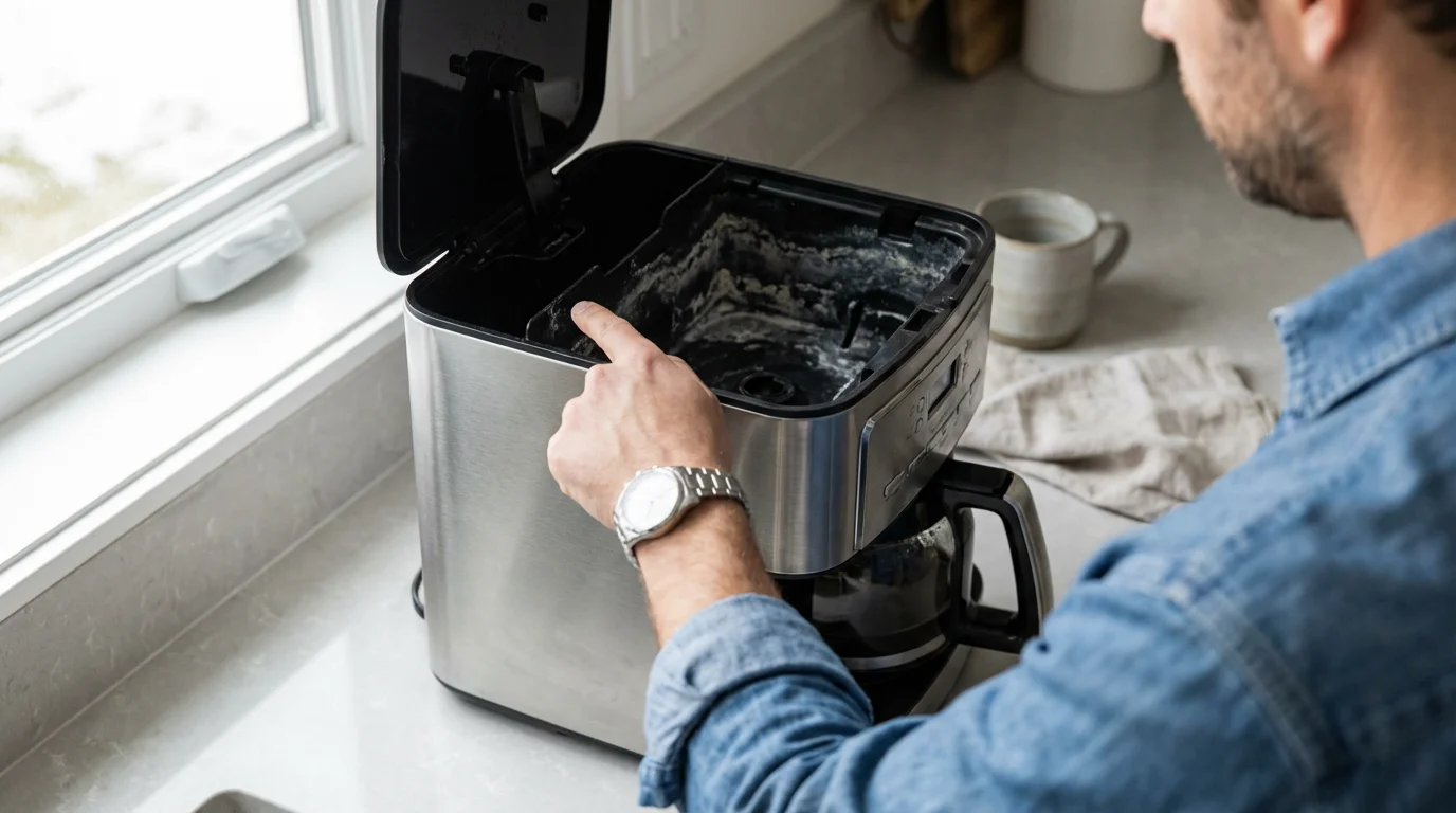 A person points at white mineral scale buildup inside a coffee maker's water reservoir.