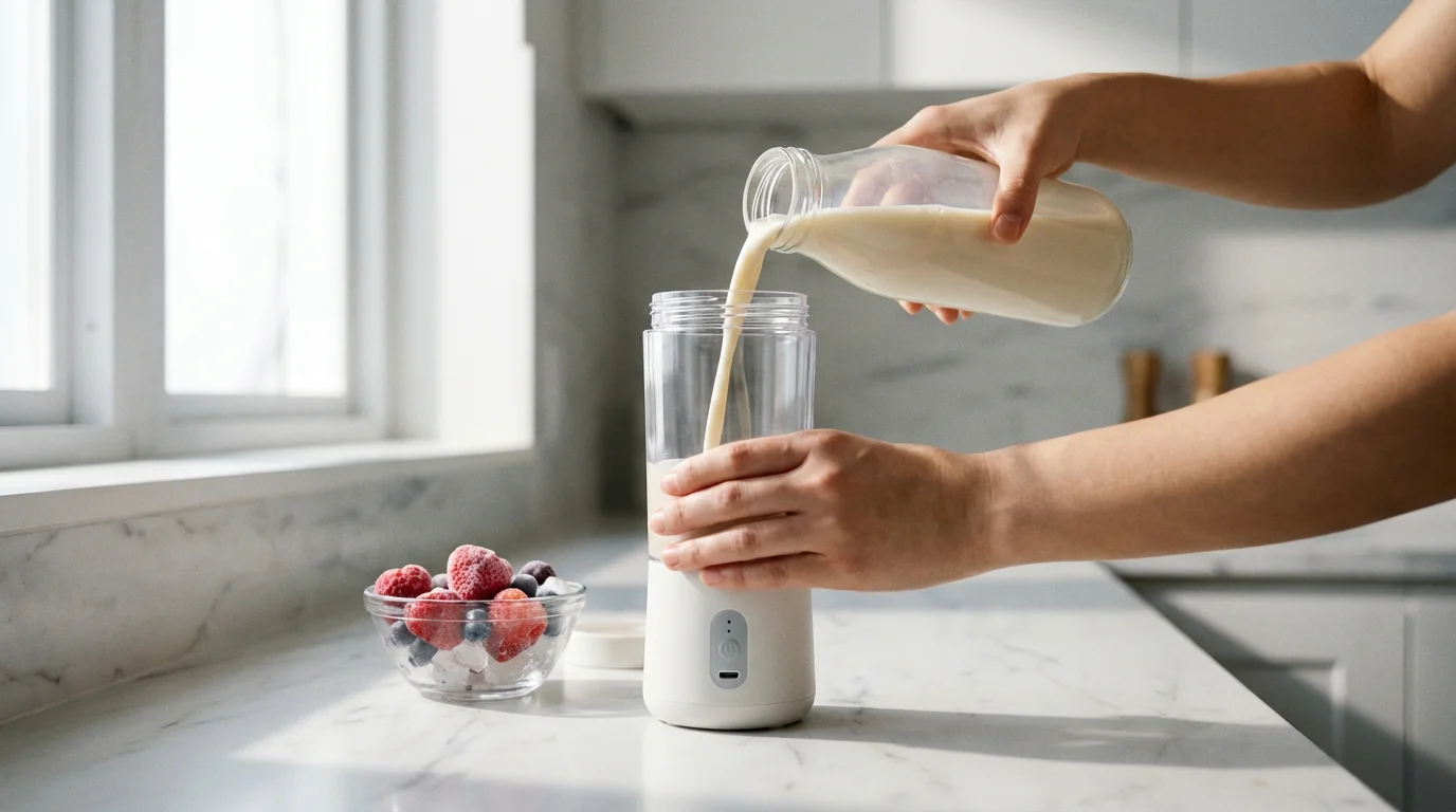 A person pouring milk into a portable blender next to a bowl of frozen berries.