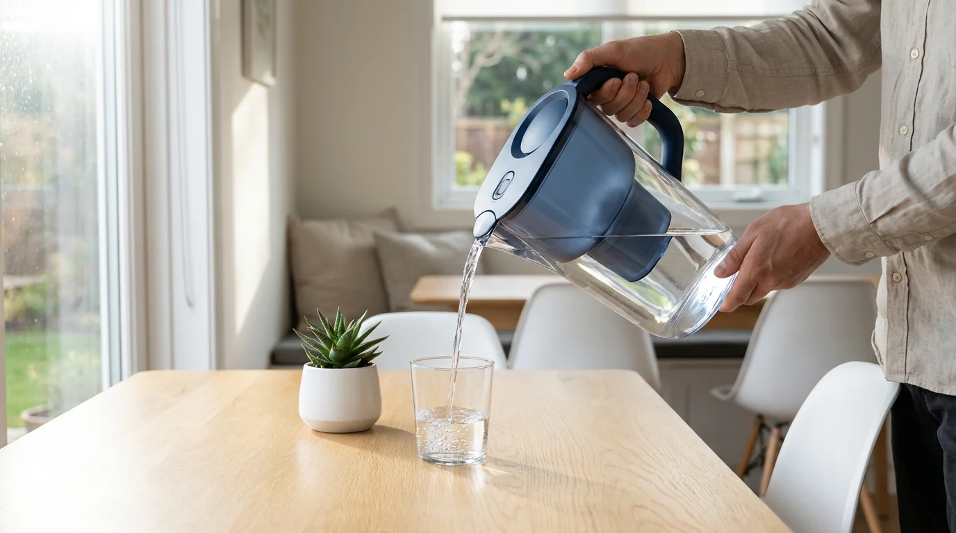 A person pours filtered water from a blue pitcher into a glass on a sunlit table.